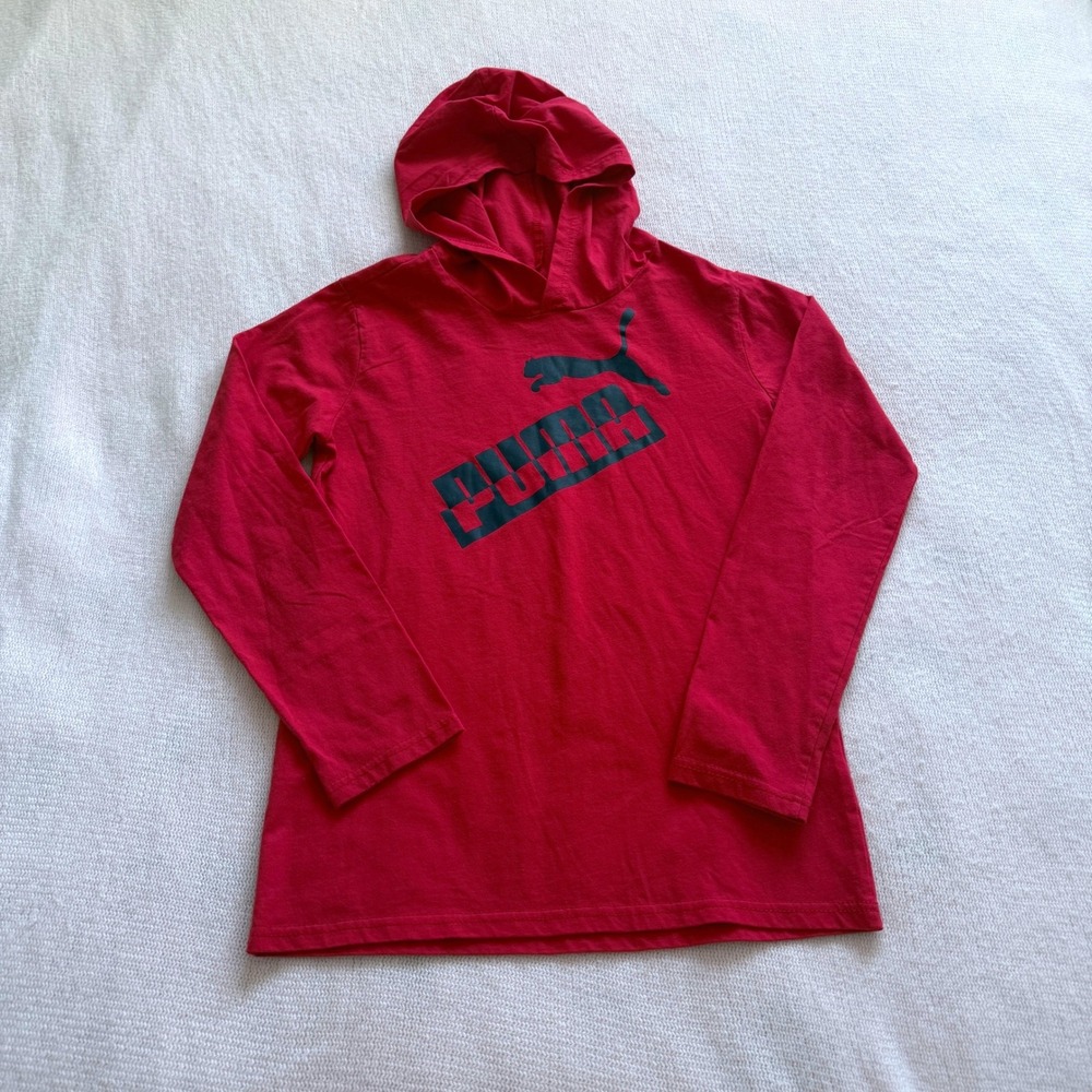 Puma Hoodie Boys Size M 10-12 Red Long Sleeve Graphic Logo Pullover Shirt